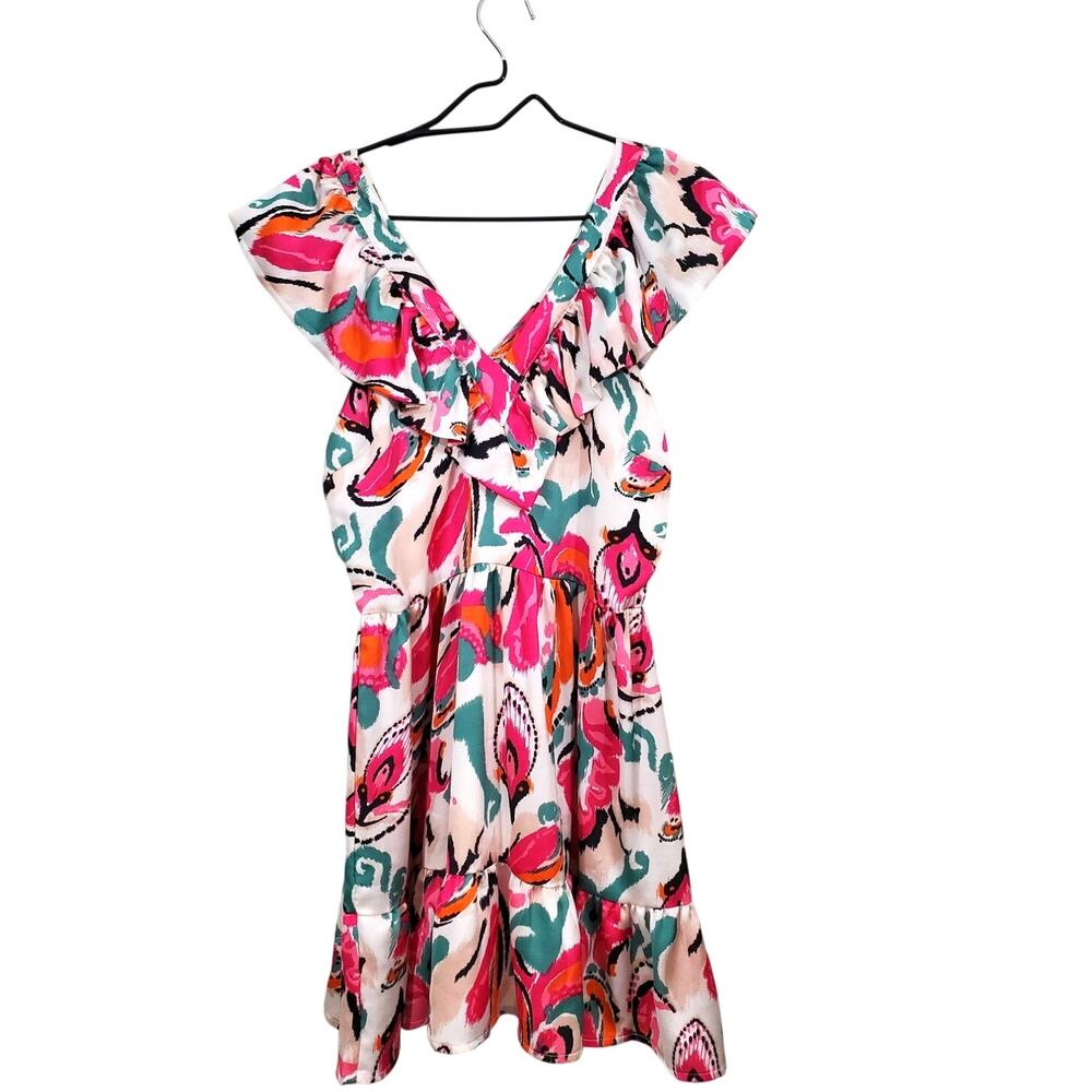 TCEC Women's Floral Ruffle Short-Sleeve Pink V-Neck Dress Size Large